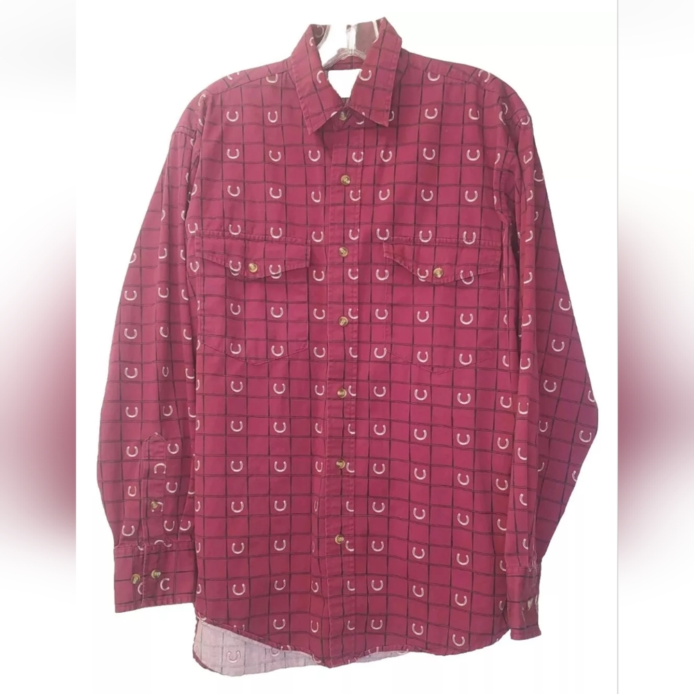 Equestrian Shirt Rockabilly Red Horseshoe Brush Popper Western Rodeo Cowboy Med